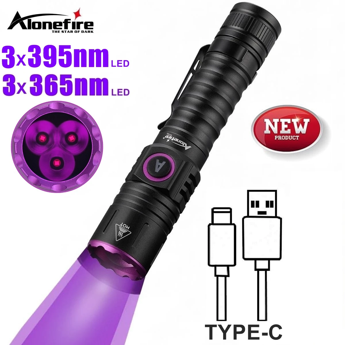 15W High power UV 395/365nm USB Rechargeable Flashlight Cat Dog Urine Tinea Ore Money Scorpion Fluorescence Marker Purple Light