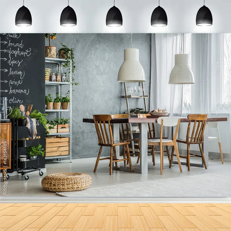 Colorful Chairs Wooden Table With Flowers Photography Backdrops Dining Room Family Stylish Kitchen Photo Studio Background DF-01