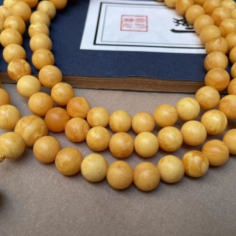 Myanmar Dragon Robe Flower Beeswax 108 Round Bead Bracelet Necklace Chicken Oil Yellow Weathered Pattern Buddha Beads Nec