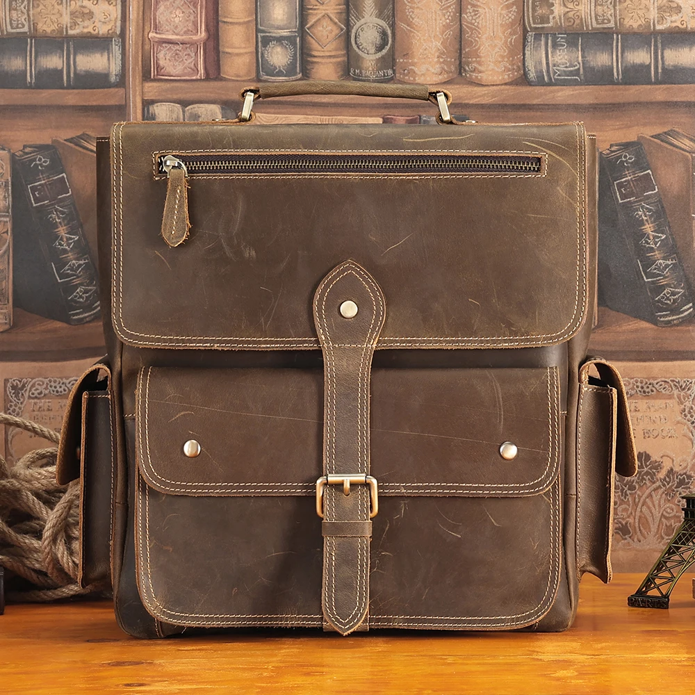 High quality Crazy Horse Leather Retro Men's Backpack Large Capacity Backpack Business Travel Commuter Backpack