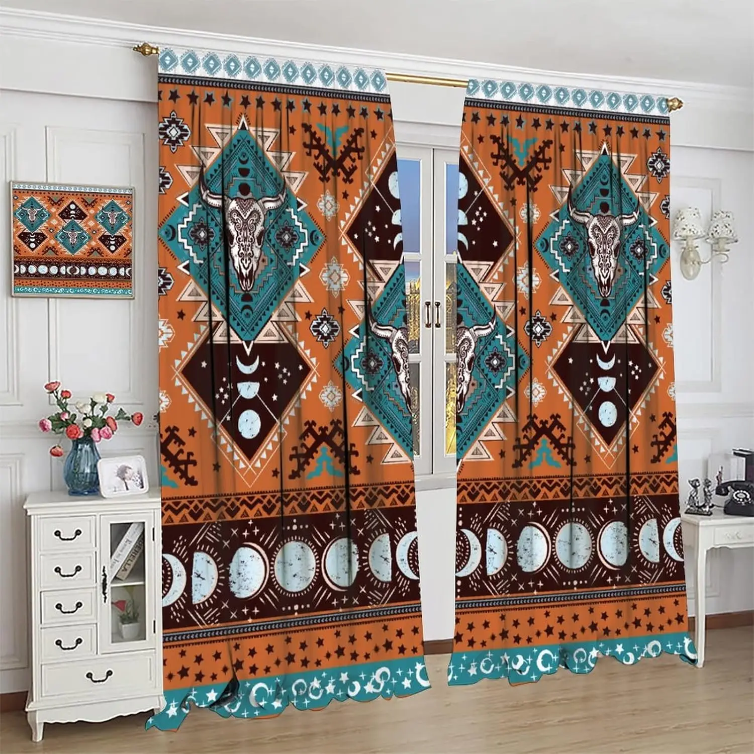 Aztec Curtains for Bedroom,Southwest Native Ethnic Geometric Skull Print Polyester Fabric Curtains Living Room Vintage Tribal