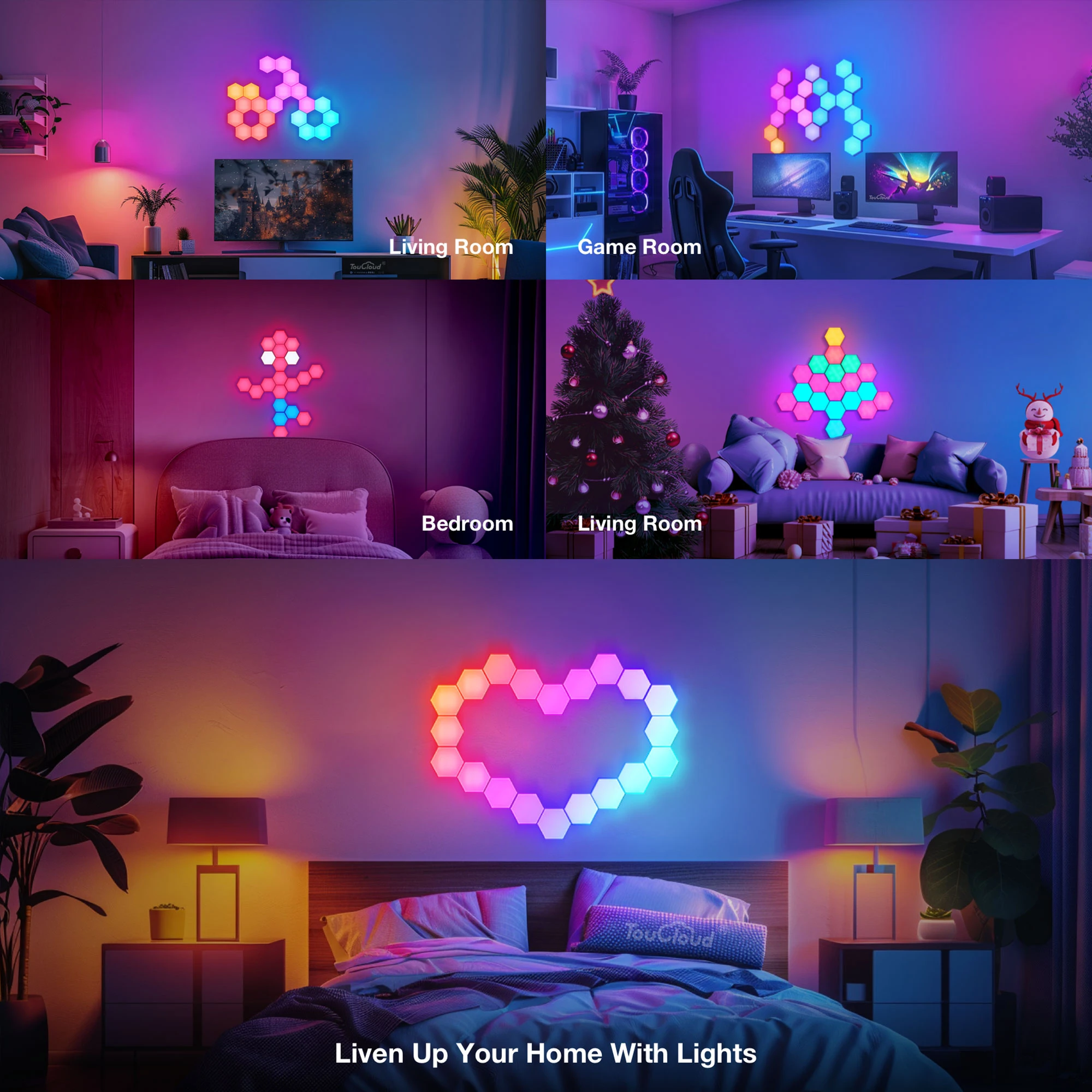 Smart Hexagon LED Wall Lights with App DIY & Remote Control Music Sync RGB Panels for Home Gaming Room Bedroom Living Room Decor Vibrant Geometric Design Indoor Party Festival Wall Decorative Light USB Powered Color Changing Modern Lights