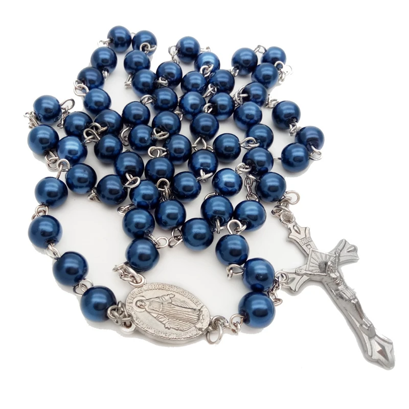 Blue Glass Imitation Pearl Jesus Cross Rosary Pendant Necklace Long Jewelry Religious