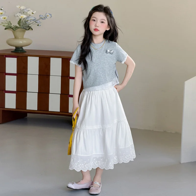 

Girls' Summer Dress Set2026New children's lace short-sleeve shirtTTwo-piece set of shirt and skirt for older children