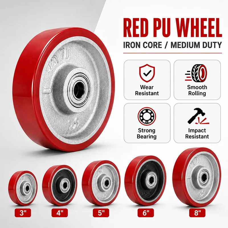 Heavy Duty Red PU Caster Wheels 3/4/5/6/8 Inch Iron Core Polyurethane Wheel for Cart Trolley Workbench Rack