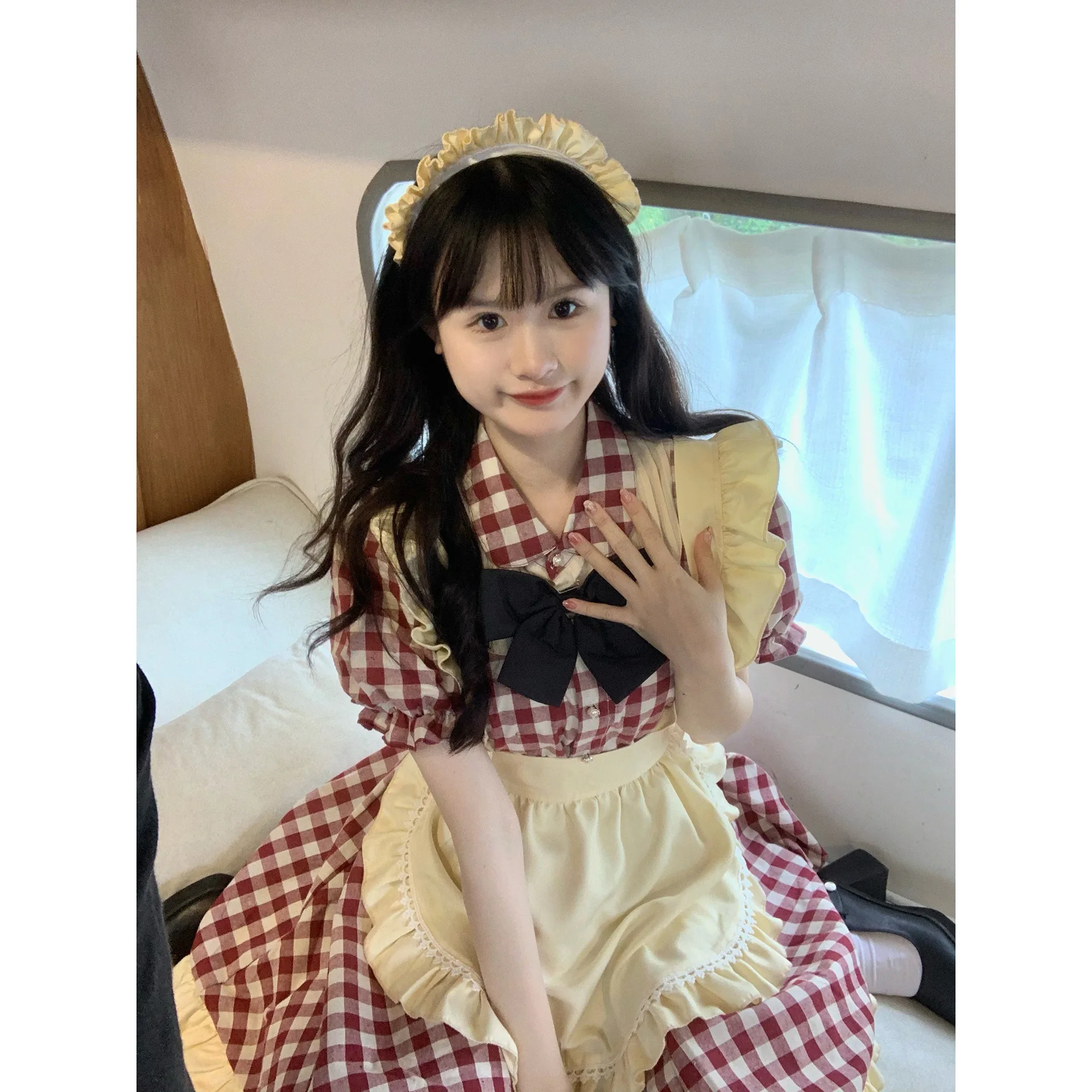 

Dress maid outfit plus apron preppy style plaid dress maid uniform lure