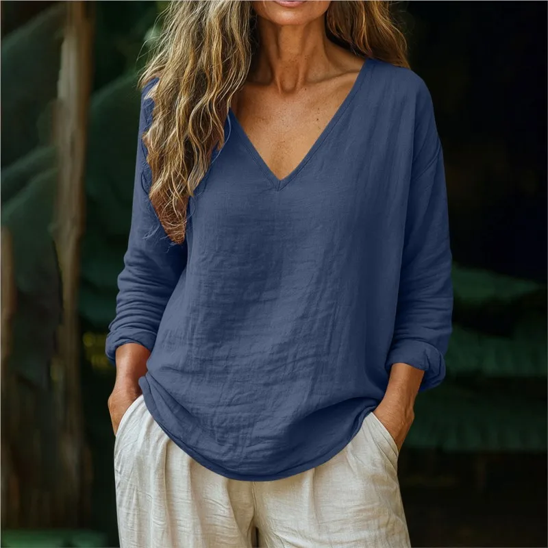 

Summer Casual Blouse for Women 2026 V Neck T-Shirts Female Solid Color Oversized Loose Tee Shirt Loose Long Sleeve Pullover Tops