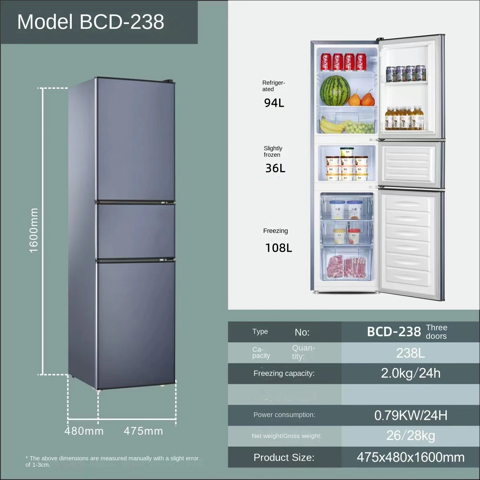 for238L Home Refrigerator A++ Bottom Freezer three-door refrigerator Fridge rental dormitory refrigerator freezer