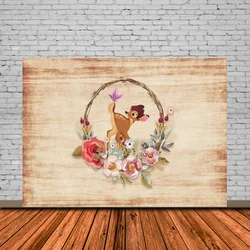 Flowers Basket Bambi Deer Wooden Plank Wood Party Custom Photo Studio Kids Birthday Backdrop Background Vinyl Fabric Banner