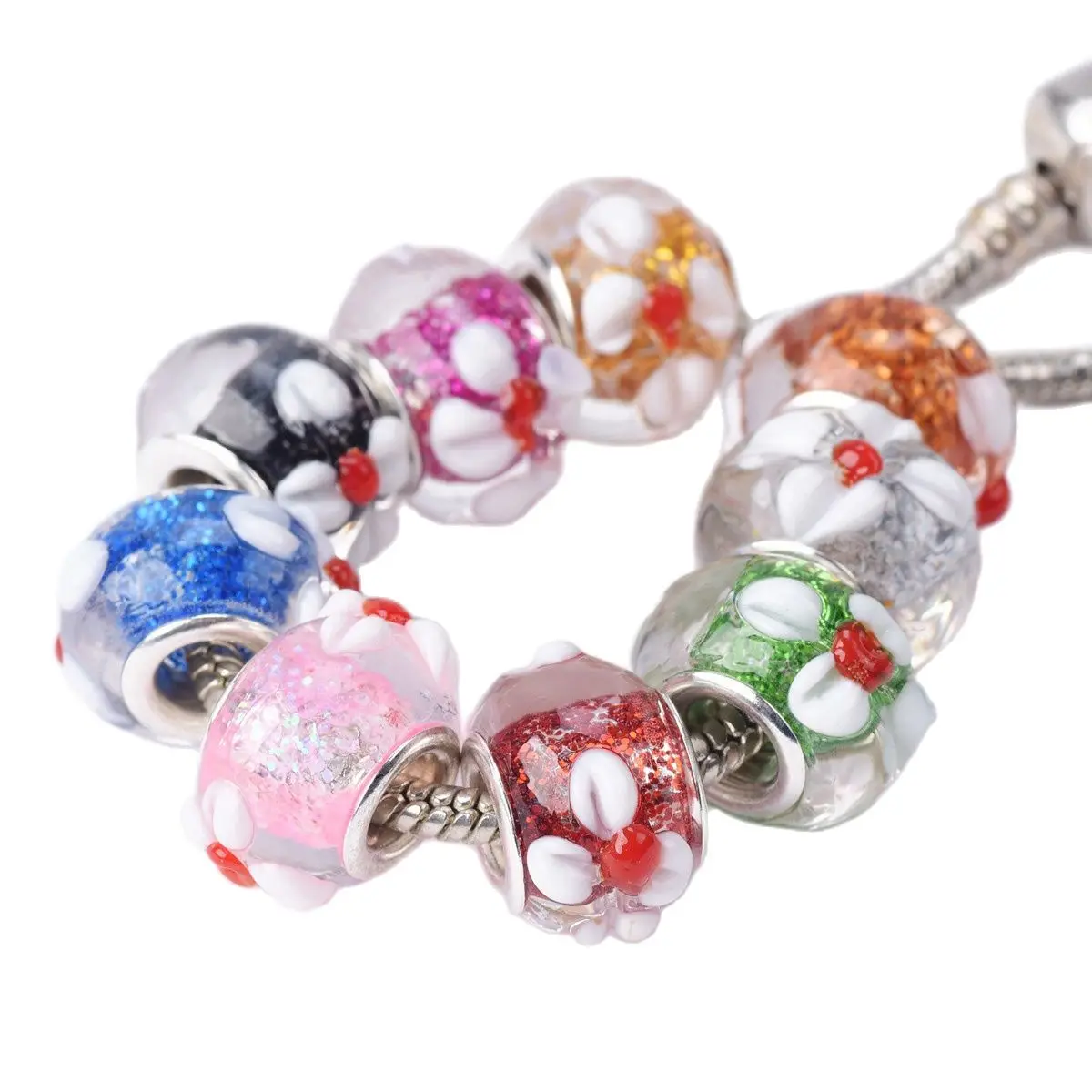 5pcs 15x10mm Round Handmade Lampwork Glass Flower Patterns Glittery European Charms Loose Big Hole Beads for DIY Bracelet