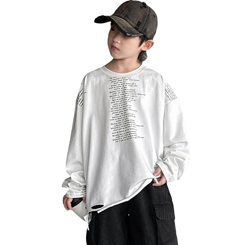 

Fashion Autumn Letter Pattern Clothes Teen Korean Casual Tops Boy Sweatshirt With Broken Hole for Boys 5 6 7 8 9 10 11 12 13 14T