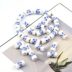 6x11mm Blue Chinese Flower Patterns Cylinder Ceramic Porcelain Loose Spacer Beads Lot for DIY Crafts Bracelet Jewelry Making