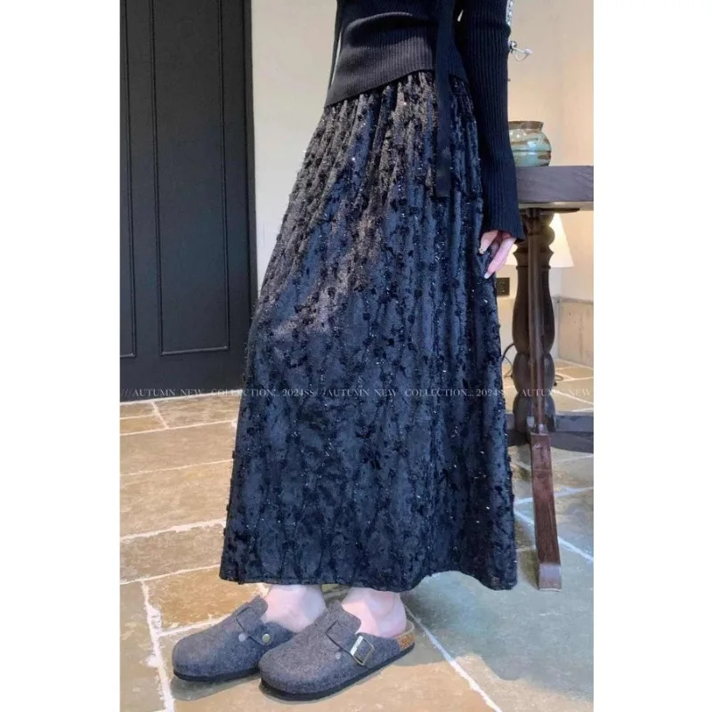 High Waist Textured A Line Midi Skirt Women Fleece Lined Elegant Swing Fall Winter Skirt