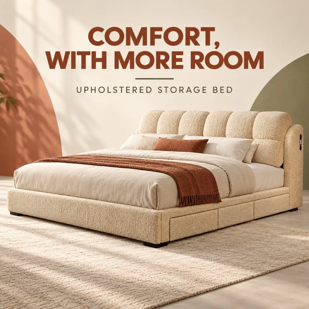 French Retro Puffy Chenille Upholstered Double Bed, Adjustable Headboard High‑Box Storage Bed for Master Bedroom Home