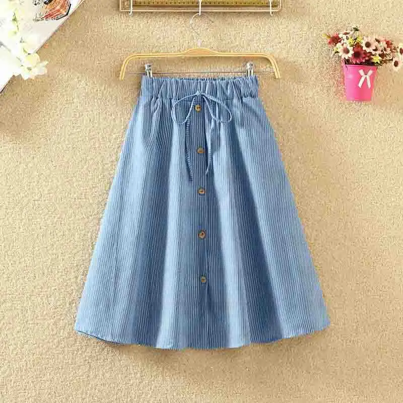 Women's Single-Breasted High-Waist Mid-Length Skirt Denim Jean Skirt Midi Skirt With Elastic Waist Knee Length Summer Dress