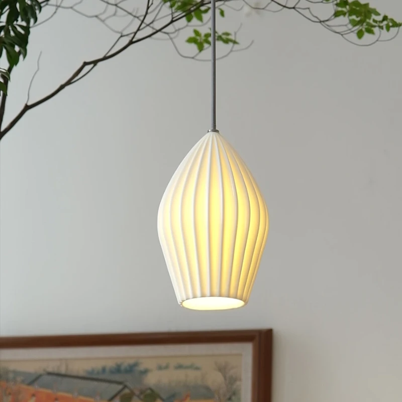 

Nordic White Ribbed Ceramics Pendant Lamp Restaurant Hanging Lighting Chandelier for Dining Room Table Study Bedside Room Decor