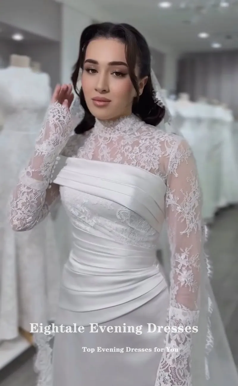 Eightale 아랍어 웨딩 드레스 높은 목 맞춤형 이슬람 인어 새틴 레이스 긴 소매 신부 가운 Vestidos De Novia