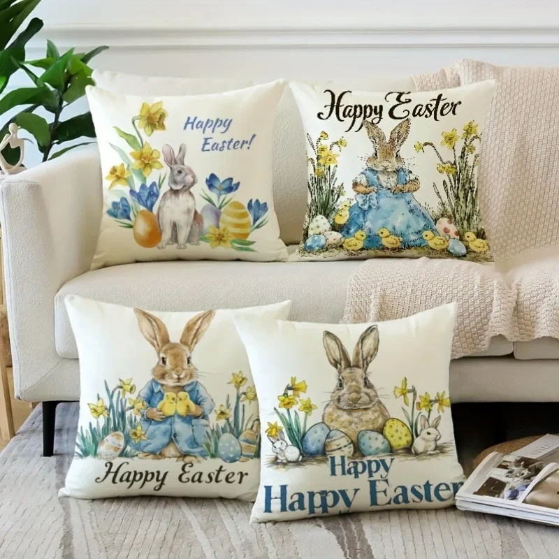 

Happy Easter Pillow cover Home Holiday Celebration Decoration Rabbit Chick and Egg Pattern Design Sofa Chair Cushion cover