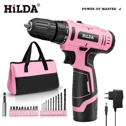 HILDA 12V Electric Screwdriver 25+1 Torque Cordless Drill Mini Wireless Power Tools Lithium-Ion Battery Pink Drill