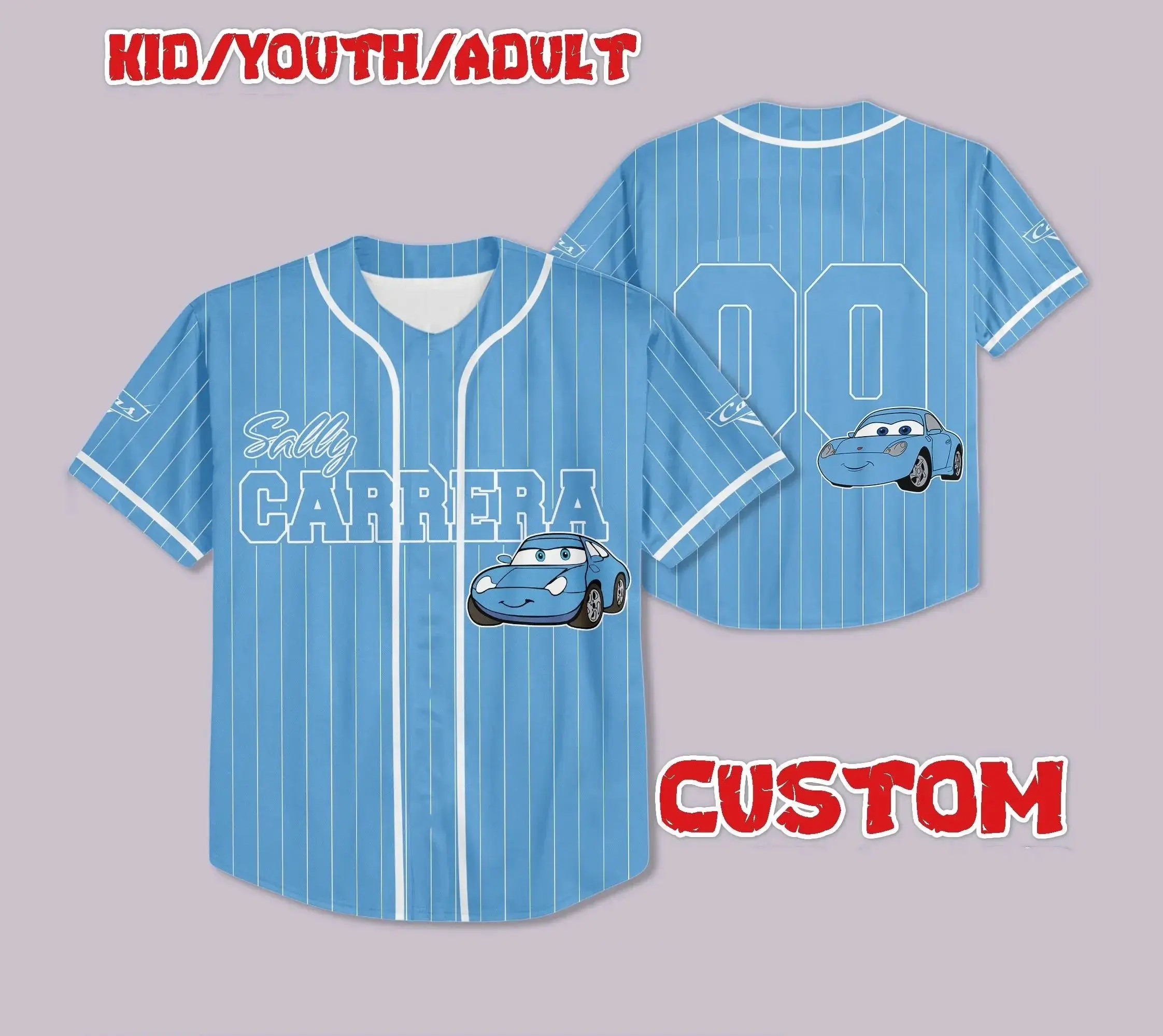 2025 الخريف ديزني الأحمر سيارة طباعة جيرسي البيسبول قميص الأطفال الشباب الكبار الأسرة الوالدين ملابس أطفال الرياضة قصيرة الأكمام