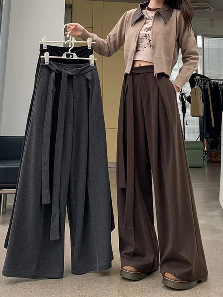 Anke Lei Gray Woolen Wide-Leg Pants Women Autumn and Winter Zhengzhou Wutong Lazy Wind Long Pants Pear Figure Thirteen Lines