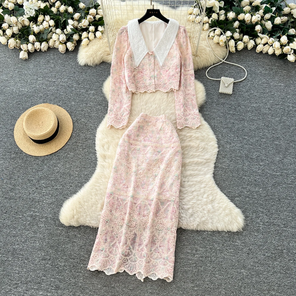 

Sexy Two Pieces Sets Chic long sleeve button Top with Pleated High Waist Skirt Vacation Sets