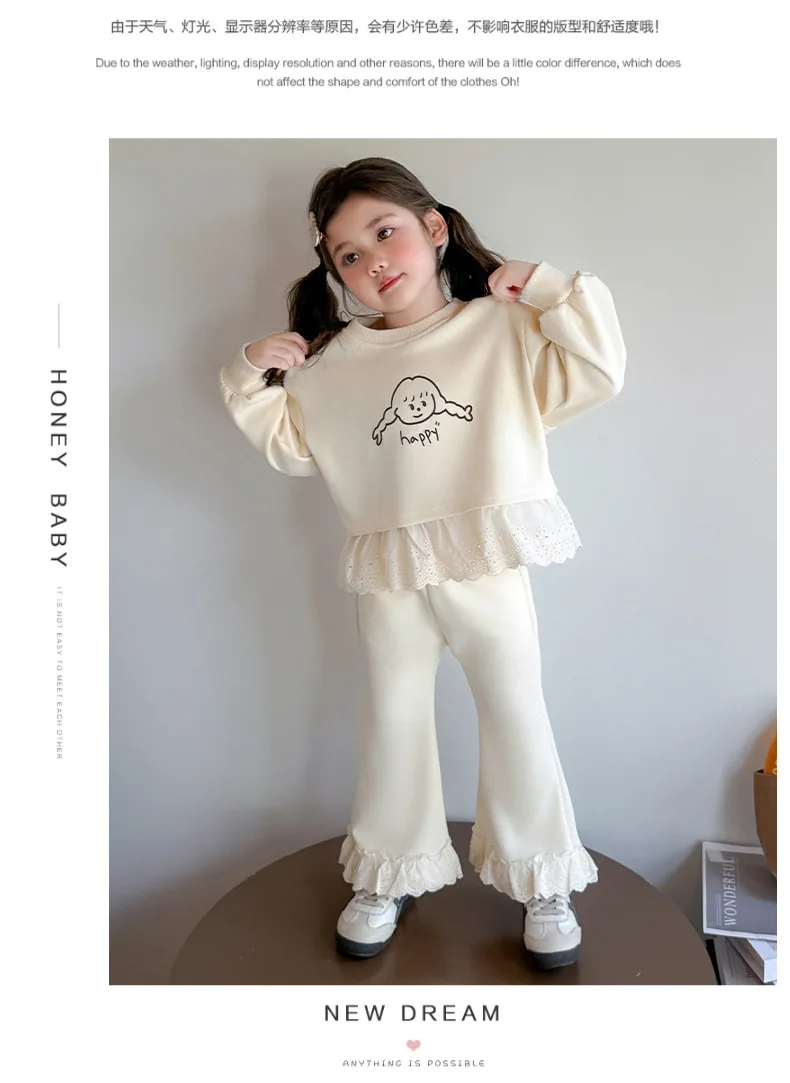 Neue Herbst-Kinderkleidung, süßes Sweatshirt-Outfit für Babymädchen, Spitze, lange Ärmel, Cartoon-Print-Oberteil + Hose, 2-teiliges Set – Detail 3