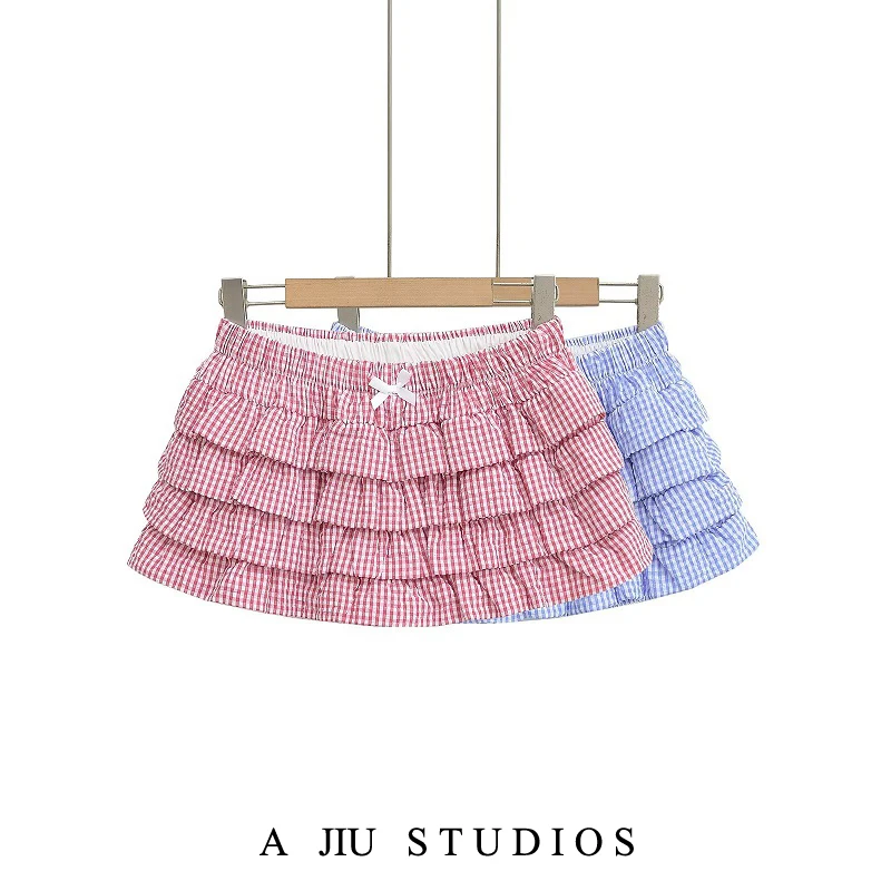 Niedrige Taille Plaid f Rock Frauen Sommer Anti-Licht ort Rock Hosen Süße Und Würzige Knoten Mehrschichtige Kuchen blume...