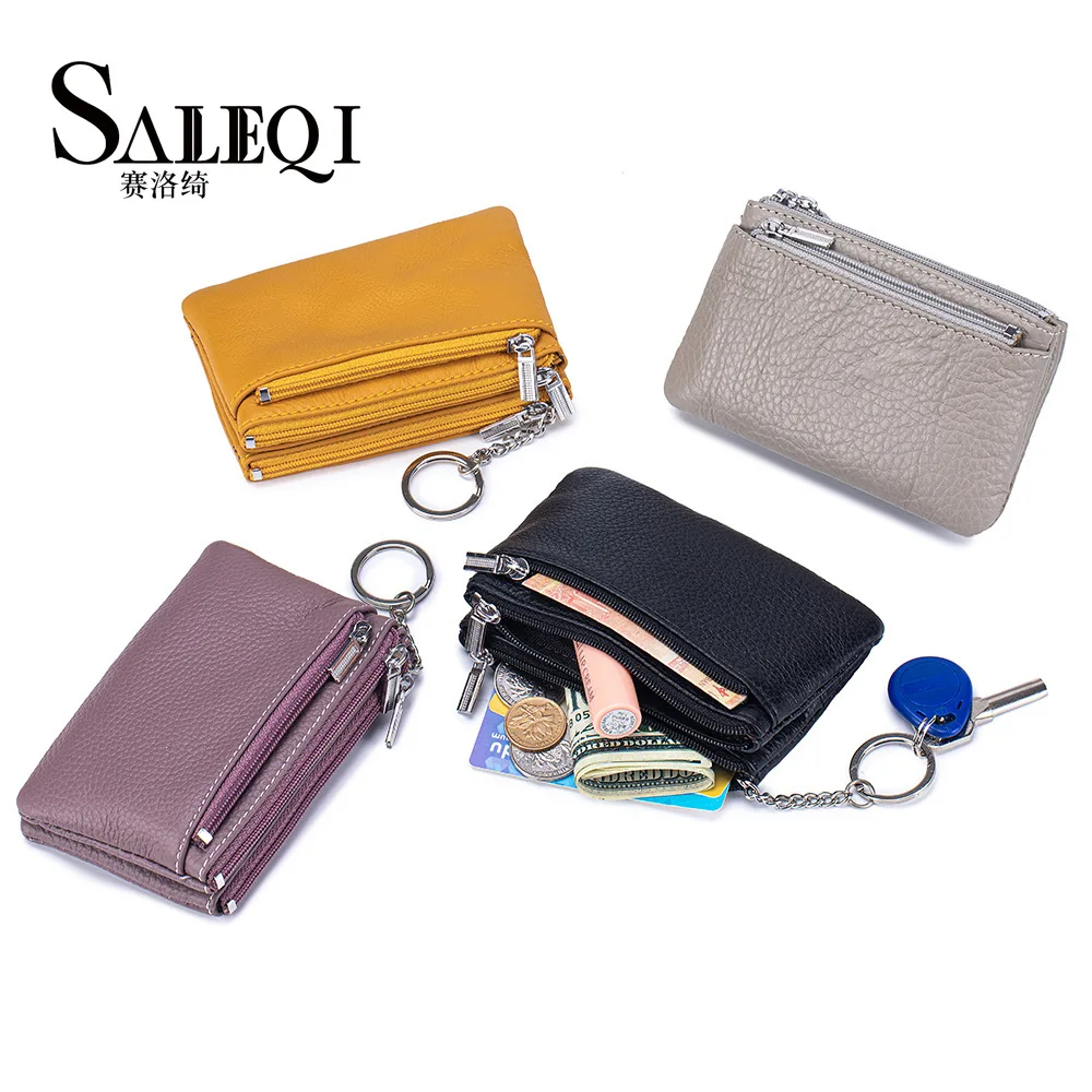 Top Layer Cowhide Leather Women's Triple Zipper Coin Purse Minimalist Large Capacity Cash Card Change Storage Wallet Coin Purse