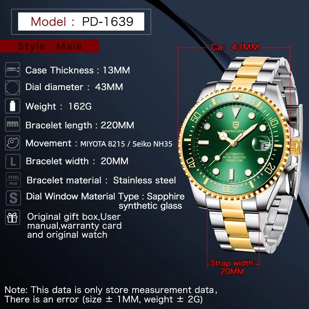 PAGANI Design PD1639 Men Automatic Watch 43mm Dial Ceramic Bezel NH35A / MIYOTA 8215 Sapphire Mechanical Wristwatch Waterproof