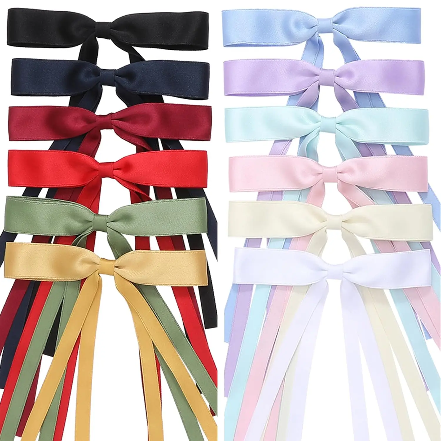 

Hair Bows Set: 12 PCS Ribbon Bowknot Clips and Barrettes with Long Tails for Women and Girls (12 Color Mixing)