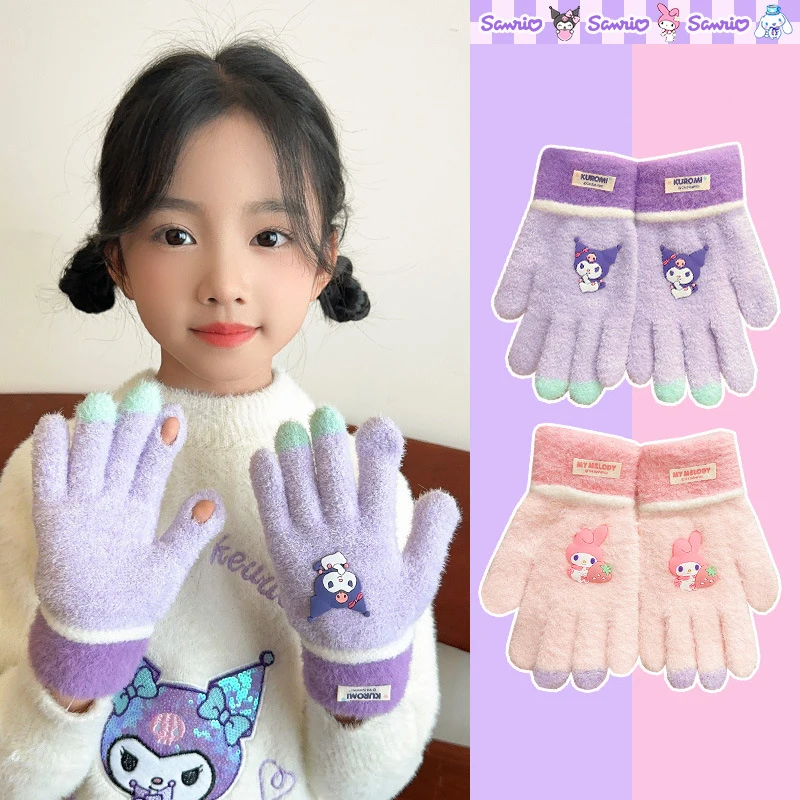 Kawaii Sanrio Gloves Cartoon Kuromi My Melody Hello Kitty Winter Plush Thickened Mittens Girls Five Finger Gloves Christmas Gift