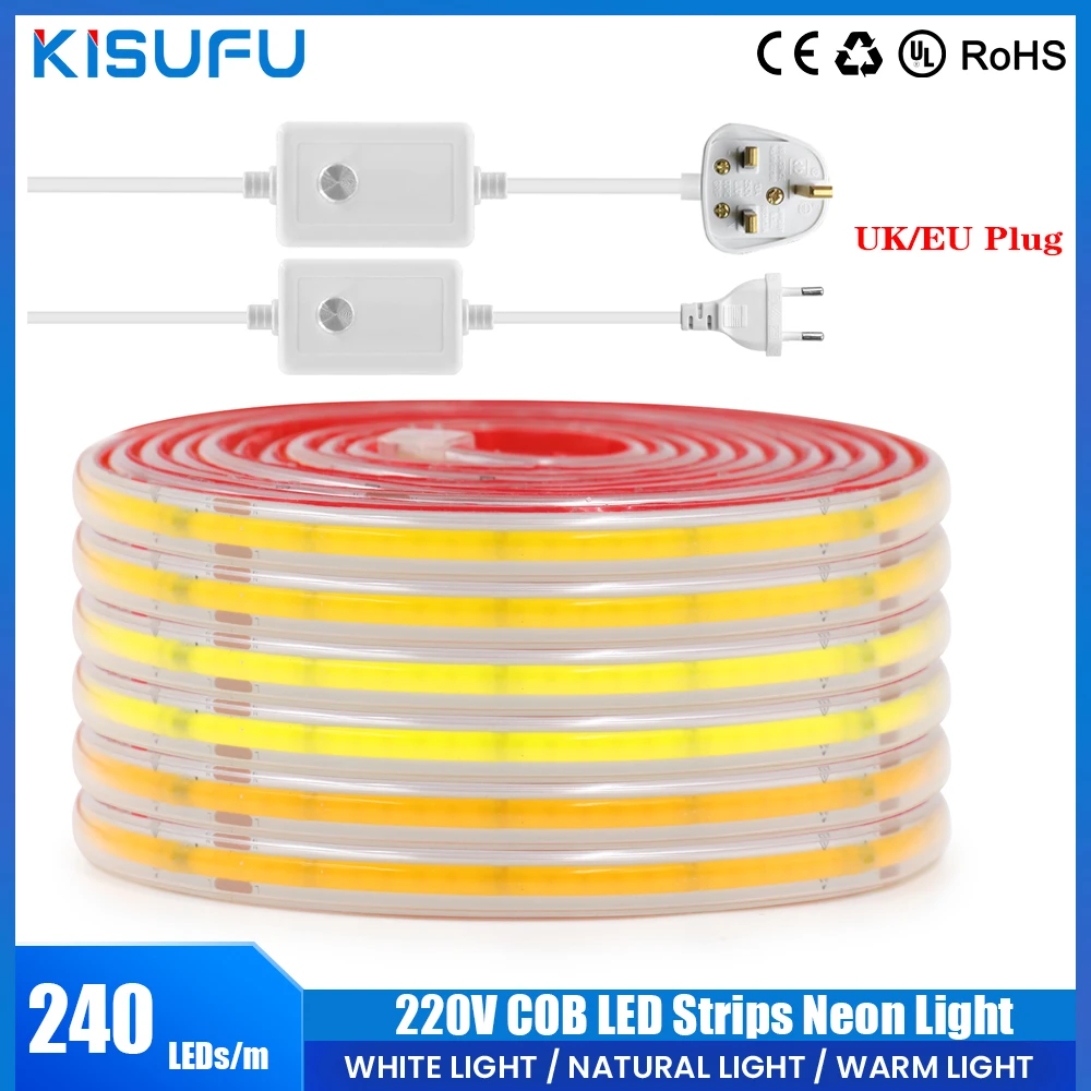 

220V COB LED Strips Neon Light IP65 Waterproof 240Leds/m Flexible Ribbon Tape Strips Light Dimmer UK/EU Plug for Garden Decor