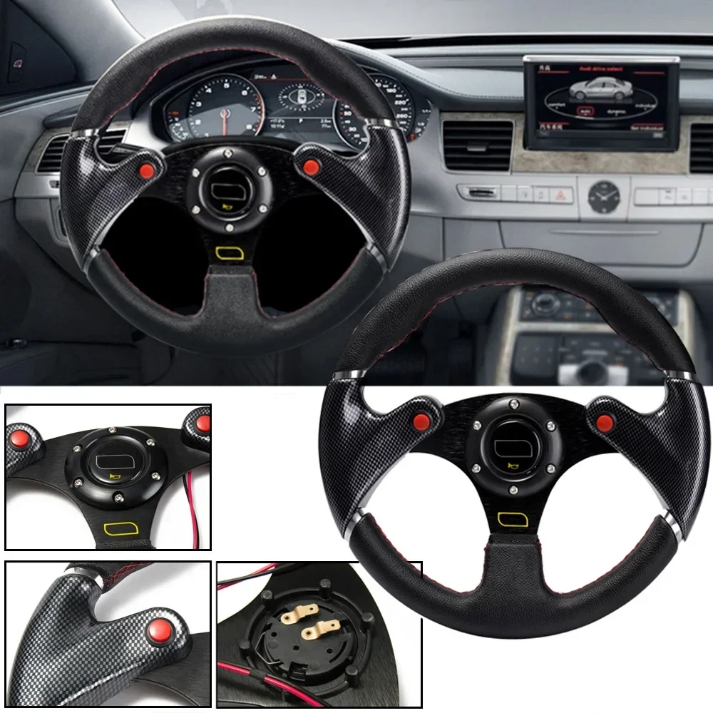 Car Steering Wheels 13 Inch 320mm Universal Carbon Leather Flat Racing Sport Steering Wheel w/ Logo Horn Button Car Accessories