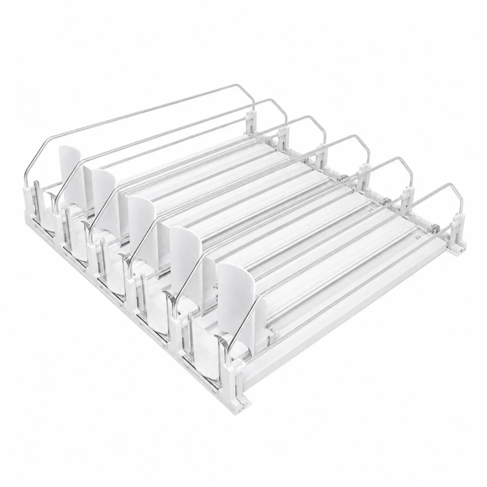 E Shaped Plastic Drink Pusher Rack with Dividers and Retaining Front Panel for Single Sided Retail Shelving System