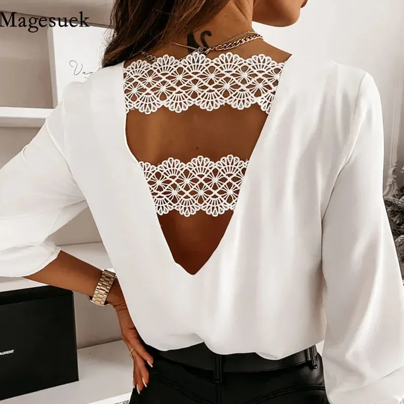 2024 Back V-shaped Hollow Lace Stitching Pullover White Blouse Fashion Sexy V-neck Autumn and Winter Long-sleeved Shirt 12460