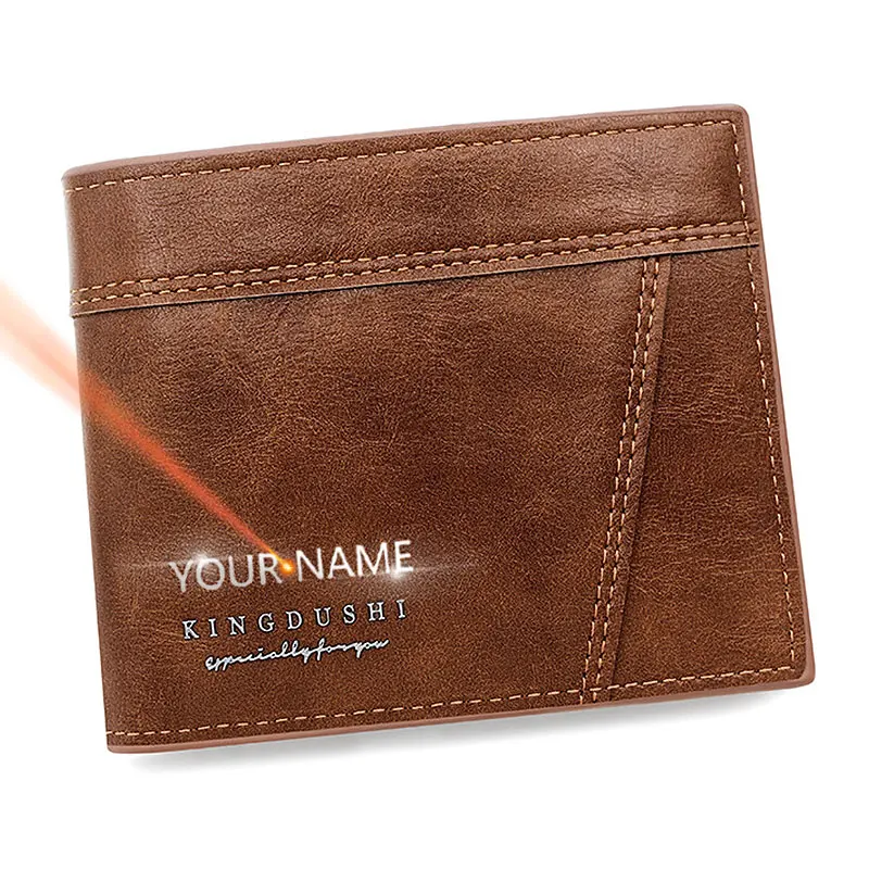 New Men Wallets Short Card Holder Free Name Engraving Simple Casual Male Purse PU Leather Coin Pocket Zipper Men's Wallet