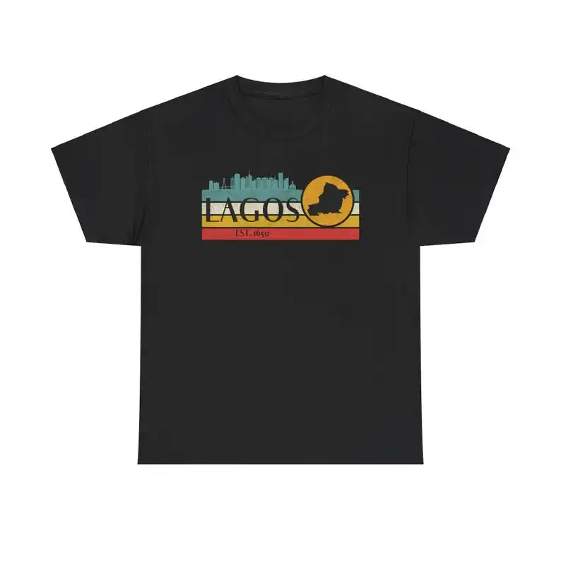 Skyline of Lagos Tshirt at sunset Megacity Nigeria's economic center by the sea for travelers / vacationers in the capital Eko