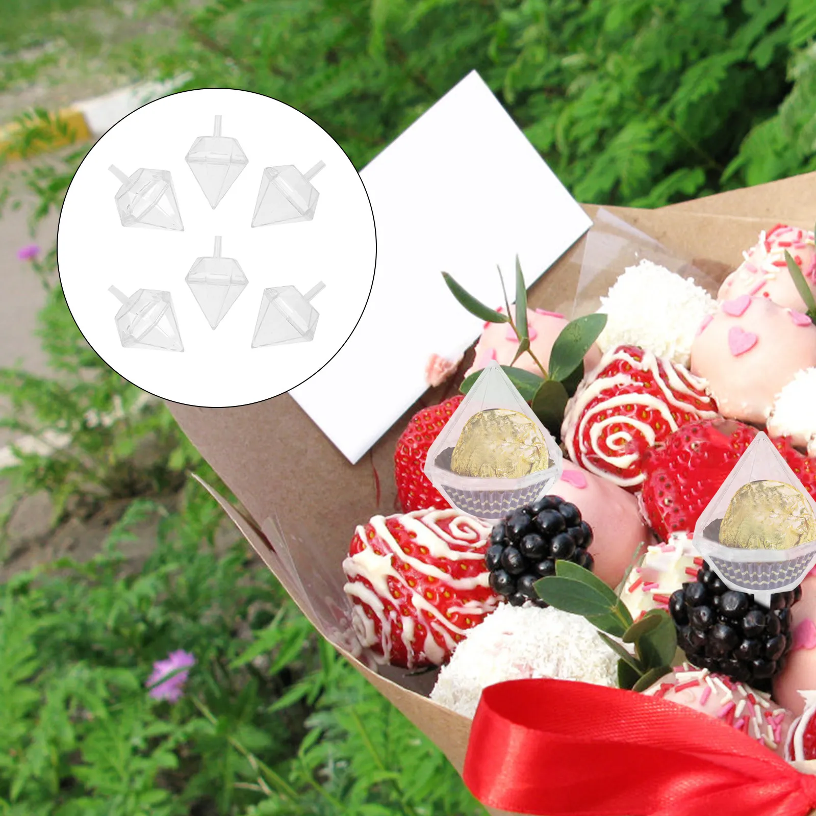 80Pcs Acrylic Chocolate Bouquet Holder Clear Diamond Shape Cup Flower Base Wedding Party Candy Packaging Decorative Cake Stand