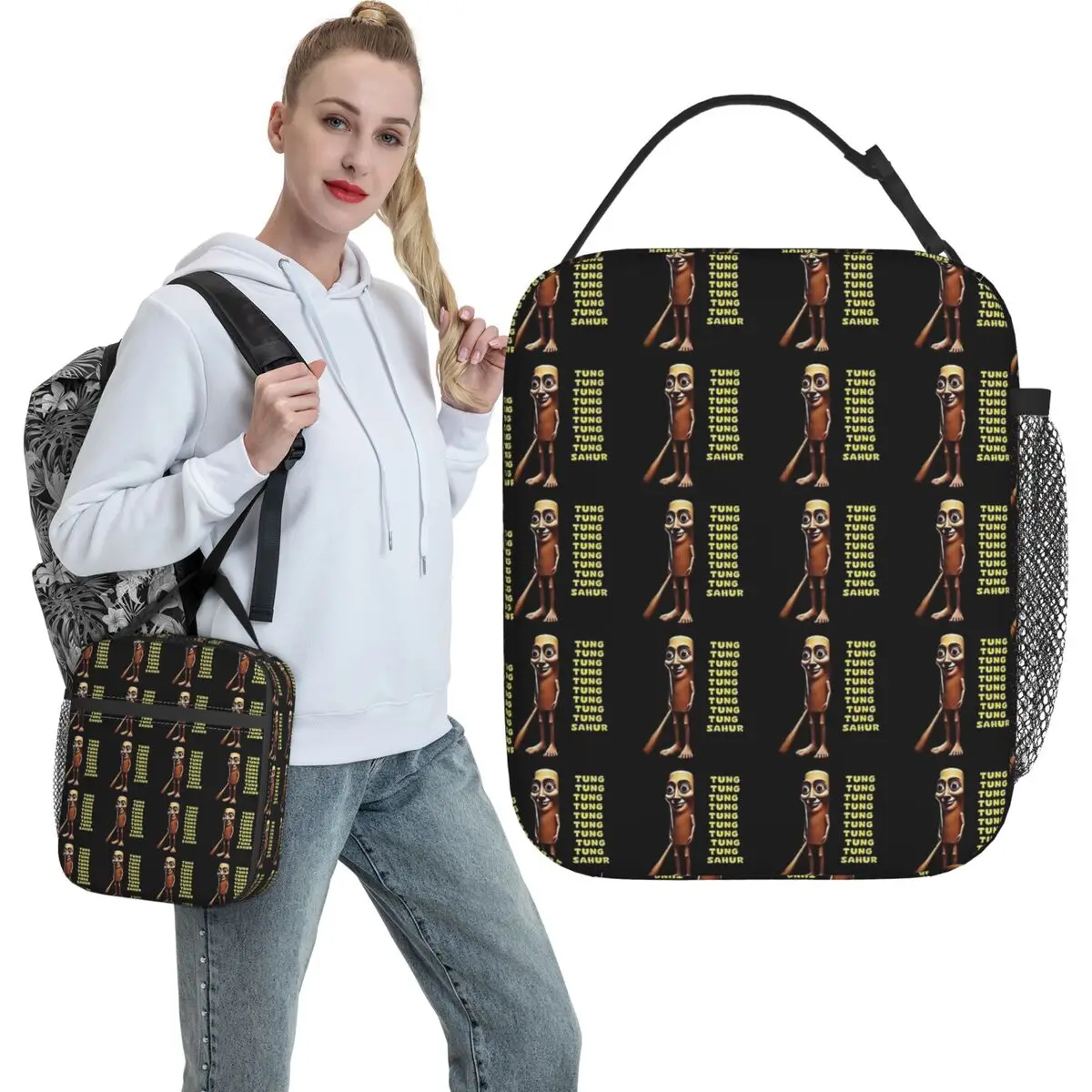 Tung Tung Tung Sahur Italian Brainrot Meme Lunch Bag For Men Print Lunch Box Retro Travel Cooler Bag Portable Tote Food Bags