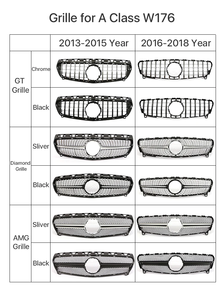 A45 GT Diamond AMG Style Silver Grille Front Bumper For Mercedes Benz A Class W176 A35 A180 A200 A250 A260 2013-2018 Camera Hole