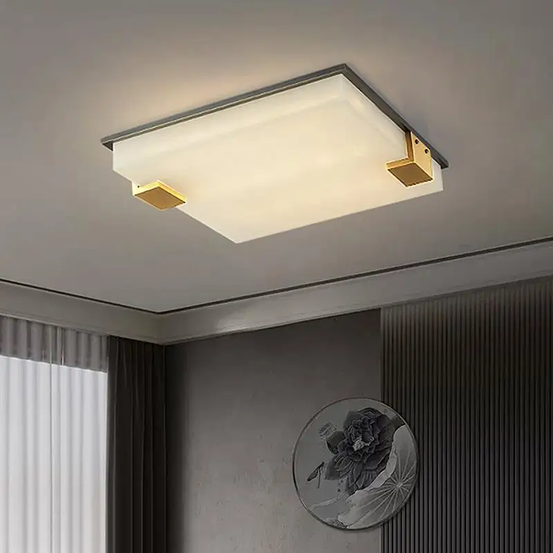 2026 New Minimal Light Luxury Marble New Chinese Bedroom Ceiling Light All Copper Ultra-thin LED Marble Light