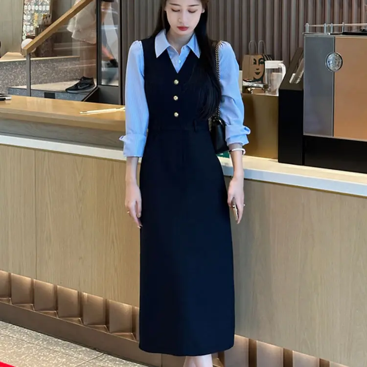 

2023 Women Spring Autumn New French Long-sleeved A-line Dress Female Fake Two-piece Long Dresses Ladies Buttons Vestidos Q603