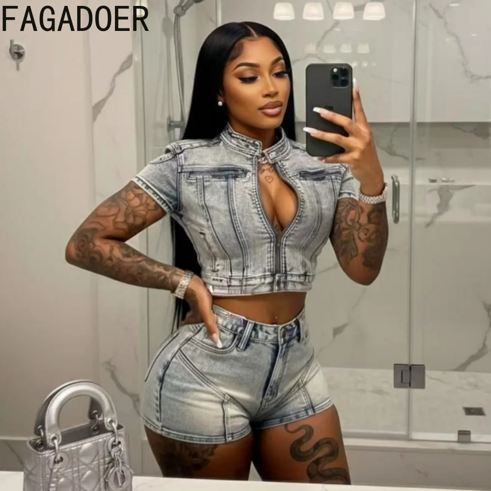 FAGADOER Fashion Washed Denim Bodycon Shorts 2 Piece Sets Streetwear Zipper Button Half High Neck Crop Top + Pocket Shorts Suits