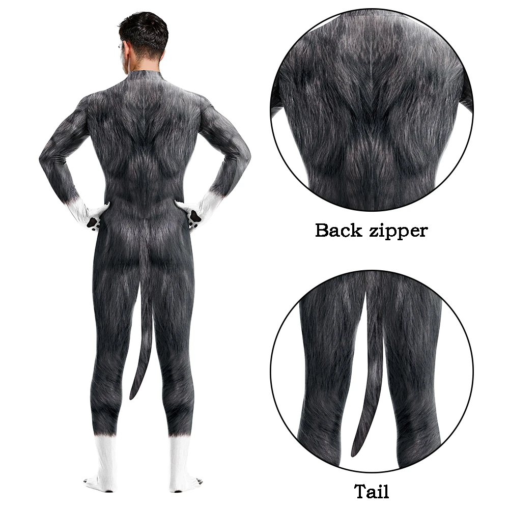 2023 Creative Cosplay Animal Husky Wolf Beast Costumes Unisex Full Cover Elastic Party Bodysuit Zentai with Tail Jumpsuits