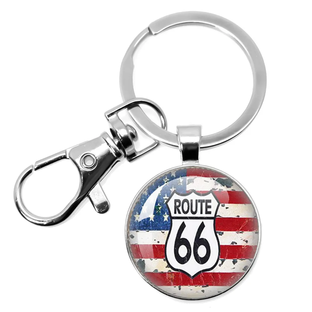 ROUTE 66 25MM/30MM Keychain Motorcycle Car Key Chain Handmade Art Photo Glass Cabochon Key Ring Holder Women Men Jewelry Gift