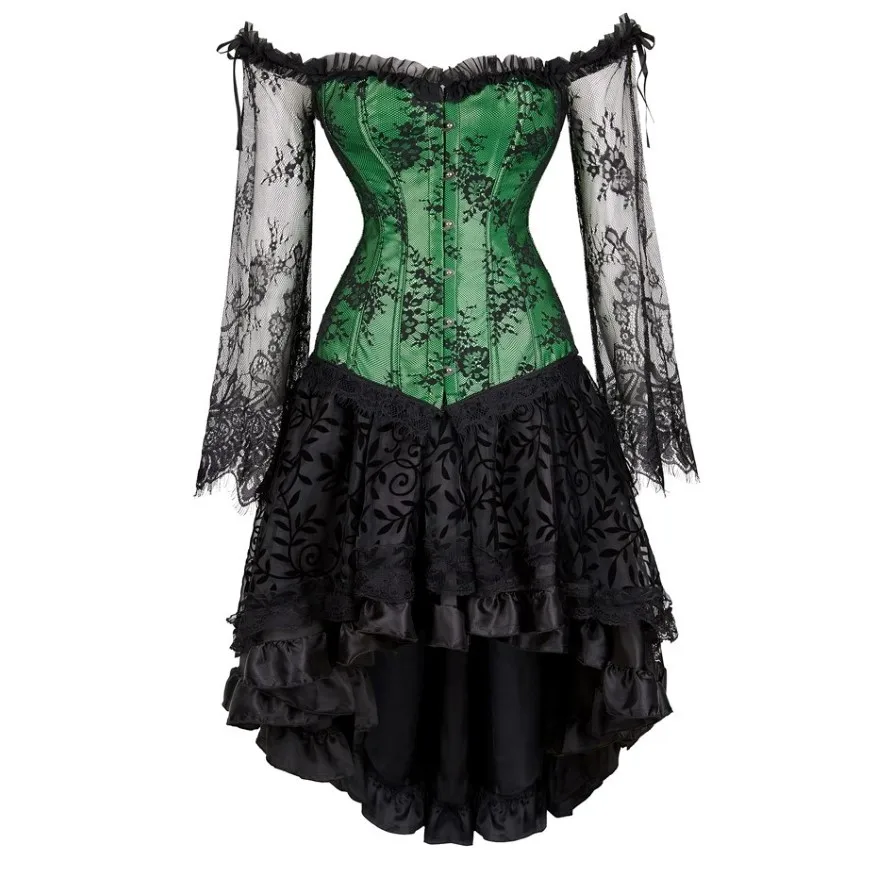 Women Sexy Embroidery Floral Off-Shoulder Lace Sleeves Corset Top Burlesque Bustier Lingerie Vintage Gothic Skirt Asymmetrical