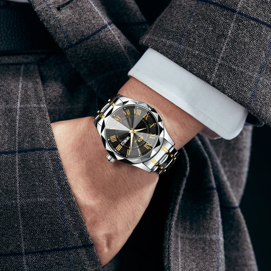 ساعات فاخرة للرجال مضيئة بتقويم مزدوج ذهبي وأزرق وأخضر كوارتز كاجوال على شكل ألماس من الفولاذ المقاوم للصدأ