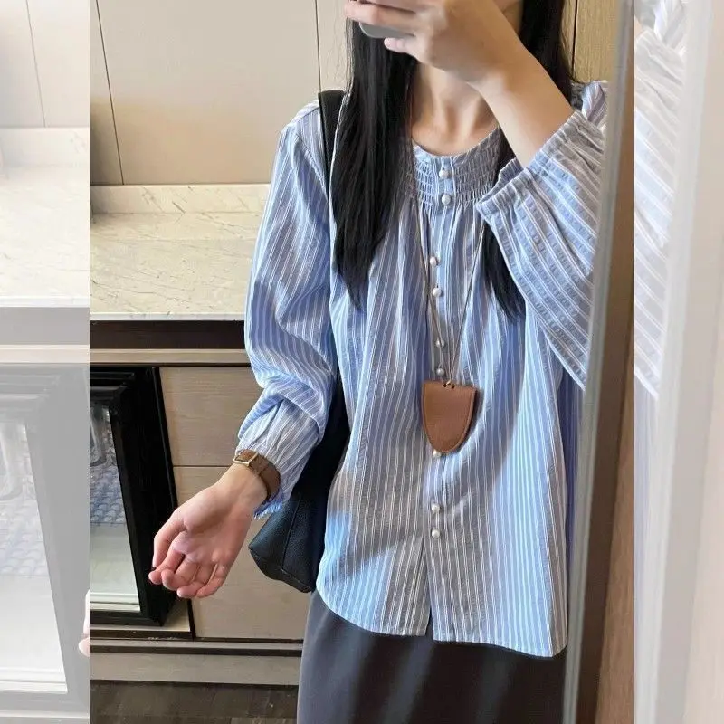 

Women Clothes Spring Autumn Fashion Casual All-match Fashionable Solid Color O-neck Women Shirts Striped Loose Button Cardigan