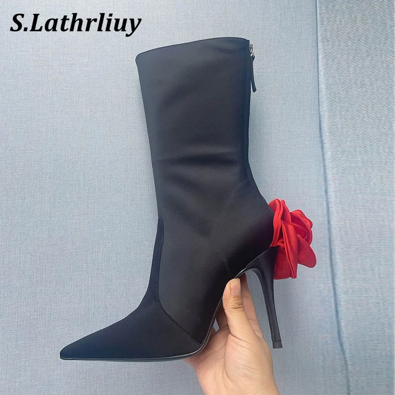 

Runway Pointed Toe Flower High Heels Short Boots Women Satin Back Zipper Ankle Botas Spring Autumn Sexy Thin Heels Modern Boots